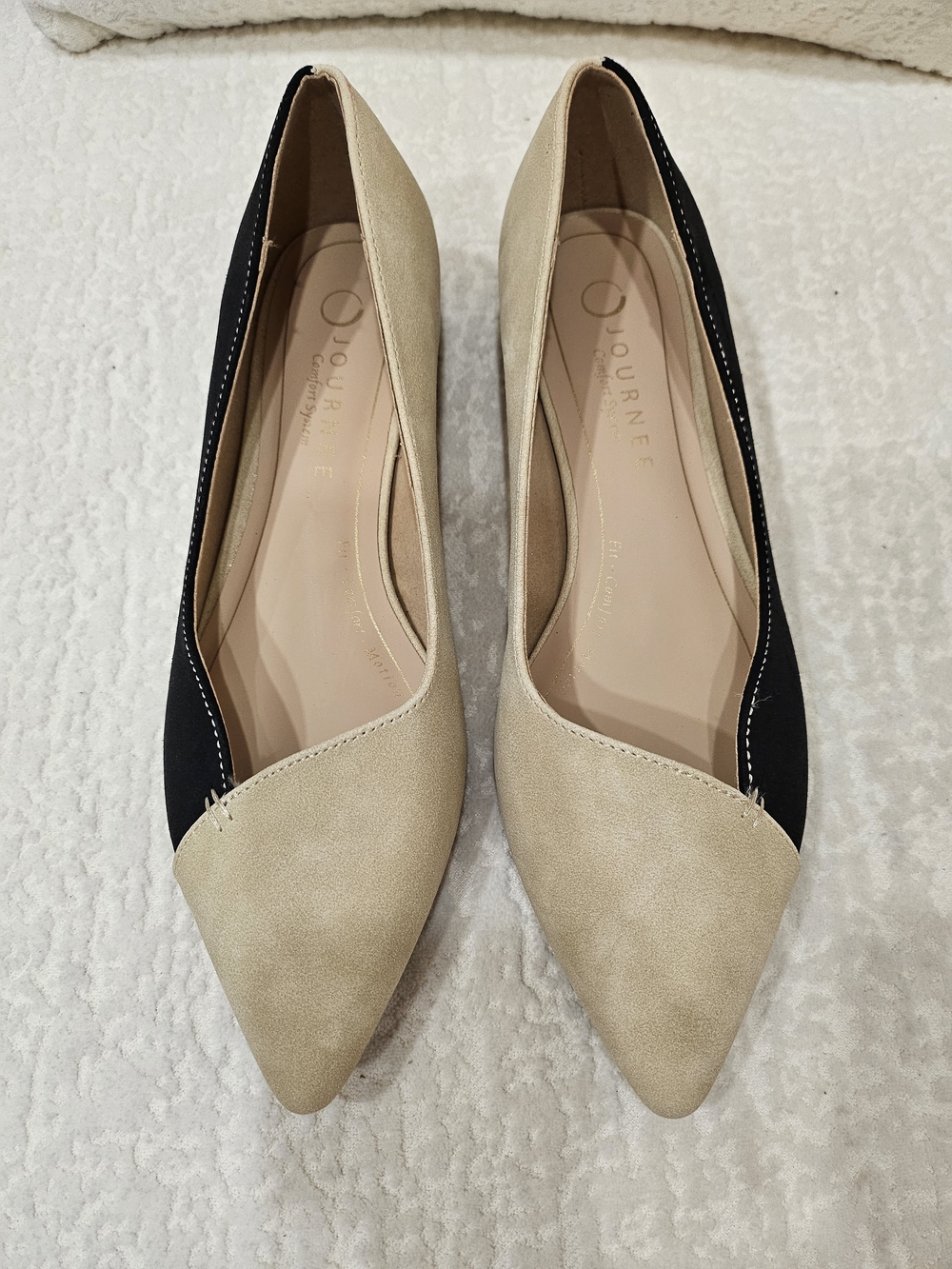 Journee Collection Two-Tone Beige and Black Pointed Toe Flats